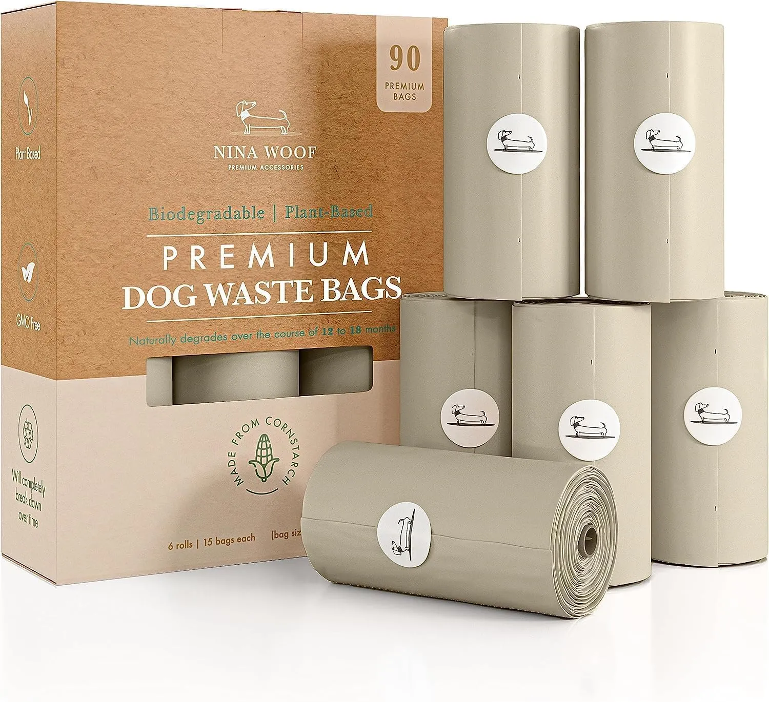 Dog Poop Bags Rolls - 90 Compostable & Biodegradable for Puppy Walks, Travel, Thick Refill Housebreaking dog poo bags Premium Cornstarch Pet Poo Bags Dogs