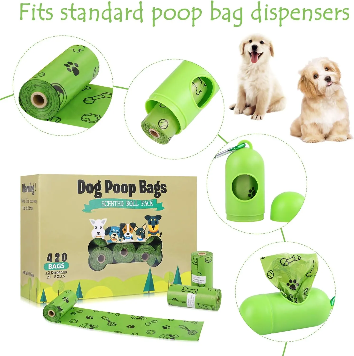 Dog Poop Bags(420 Count), Scented Poop Bags for Dogs Leak Proof Doggie Poop Bag Refills Rolls Pet Waste Bags with 2 Free Dispenser