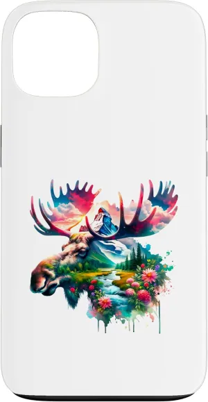 Double Exposure Moose Mountain, Stream & Floral Landscape Case for iPhone 13