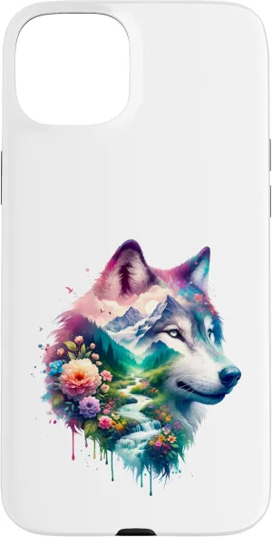 Double Exposure Wolf Mountain, Stream and Floral Landscape Case for iPhone 15 Plus
