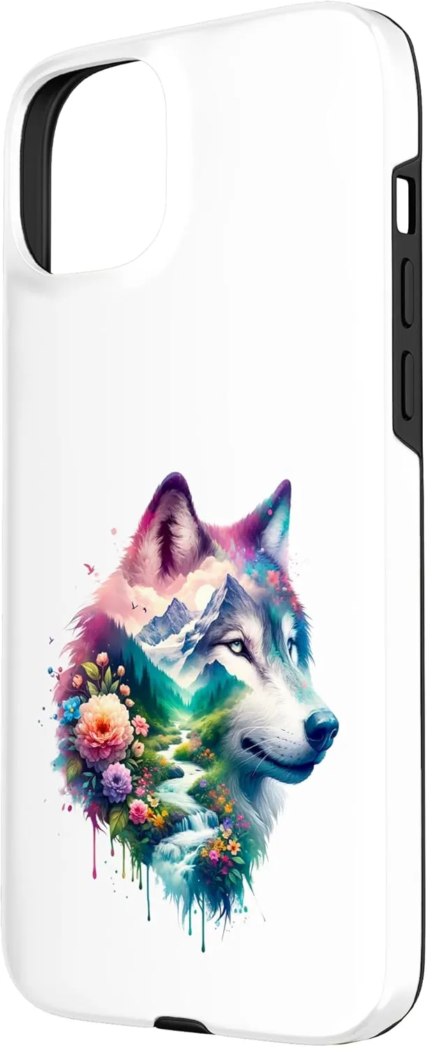 Double Exposure Wolf Mountain, Stream and Floral Landscape Case for iPhone 15 Plus