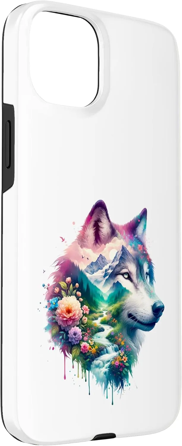 Double Exposure Wolf Mountain, Stream and Floral Landscape Case for iPhone 15 Plus