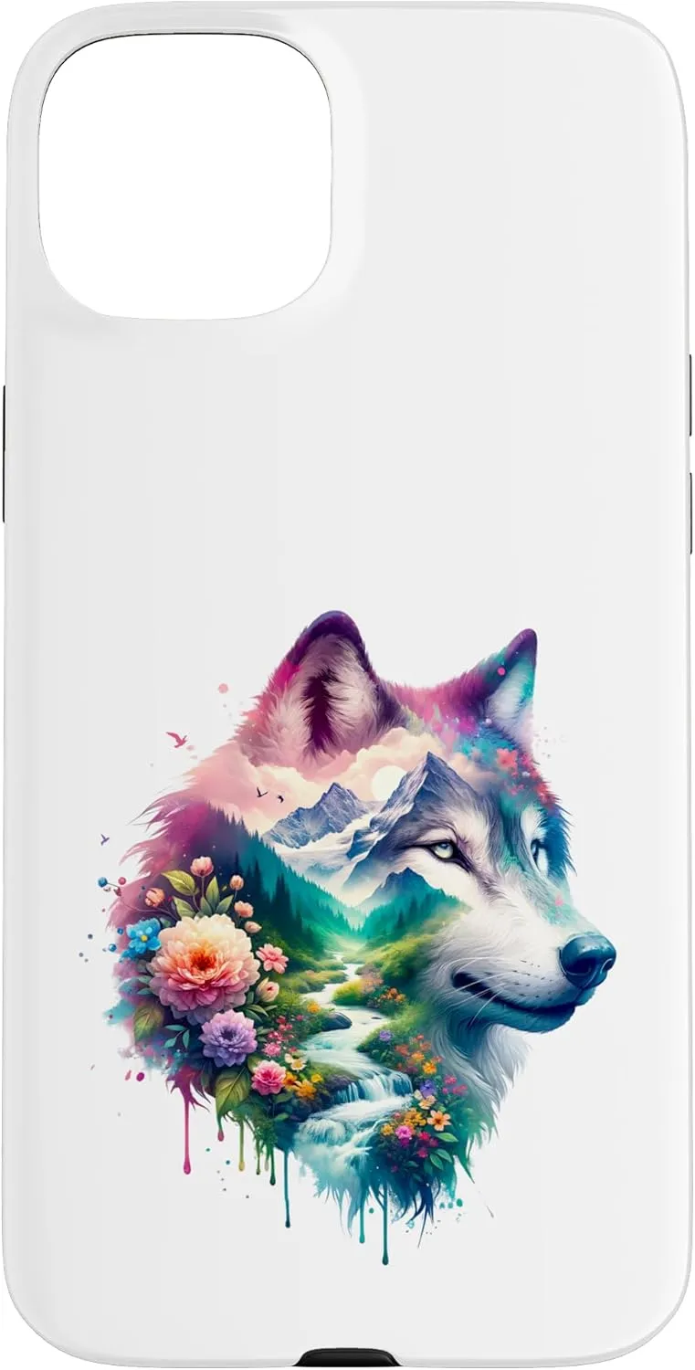 Double Exposure Wolf Mountain, Stream and Floral Landscape Case for iPhone 15 Plus
