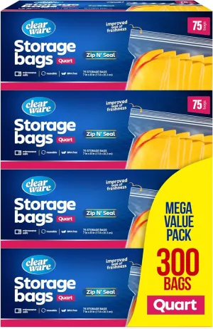 Double Zipper Storage Bags - Quart Size - 300 Count, (4 Packs of 75), Reusable Thick Food Storage Bags - Microwave-Safe, Zero BPA - Resealable Containers for Lunch, Snacks, Meals