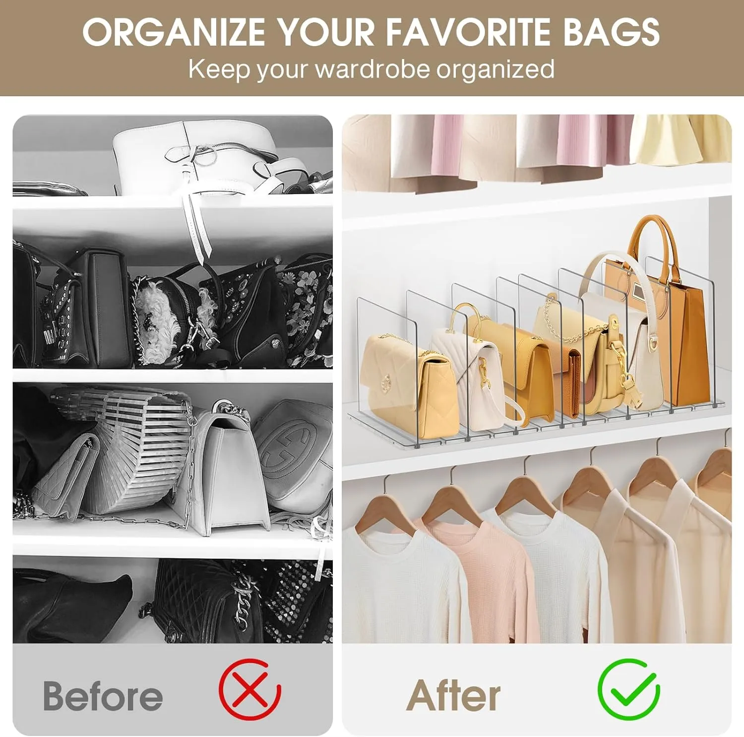 DoubleCare Adjustable Purse Organizer for Closet, Clear Handbag Organizers for Closets, Purse Bag Dividers for Closet, Purse Holder, Bookshelf for Bedroom, Office,8LAYER…