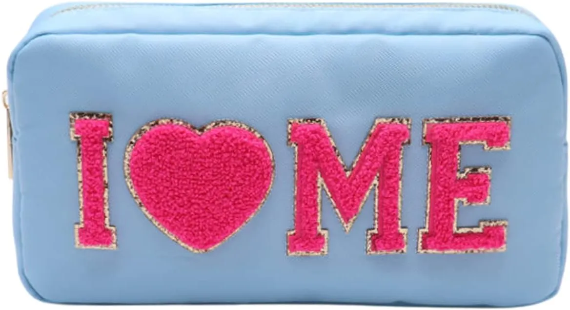 DUPER Nylon Preppy Makeup Bag Organizer with Chenille Letter Patch, Skin Care Travel Toiletry Bags for Teen Girls (I LOVE ME)