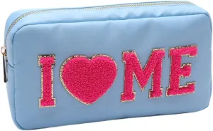 DUPER Nylon Preppy Makeup Bag Organizer with Chenille Letter Patch, Skin Care Travel Toiletry Bags for Teen Girls (I LOVE ME)