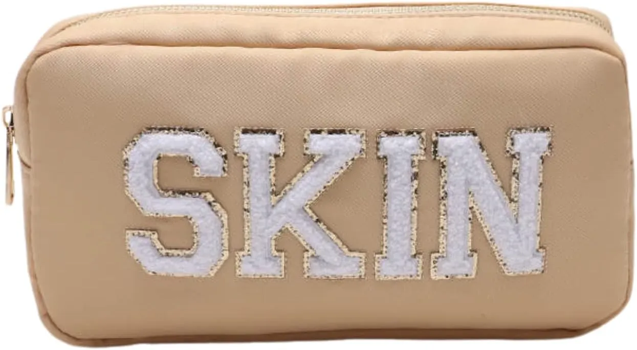 DUPER Nylon Preppy Makeup Bag Organizer with Chenille Letter Patch, Skin Care Travel Toiletry Bags for Teen Girls (Skin)