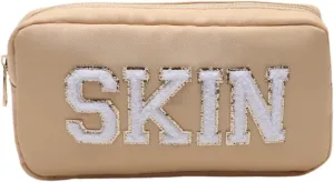 DUPER Nylon Preppy Makeup Bag Organizer with Chenille Letter Patch, Skin Care Travel Toiletry Bags for Teen Girls (Skin)