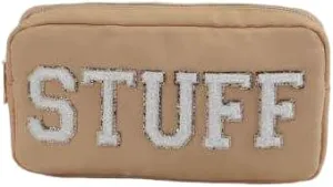 DUPER Nylon Preppy Makeup Bag Organizer with Chenille Letter Patch, Skin Care Travel Toiletry Bags for Teen Girls (Yellow STUFF)
