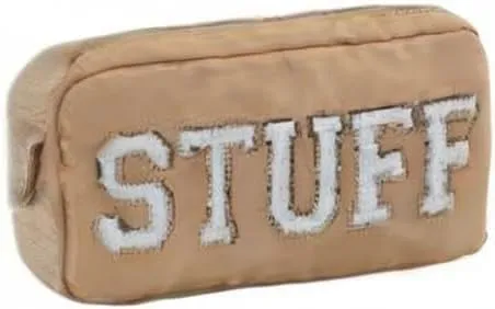 DUPER Nylon Preppy Makeup Bag Organizer with Chenille Letter Patch, Skin Care Travel Toiletry Bags for Teen Girls (Yellow STUFF)