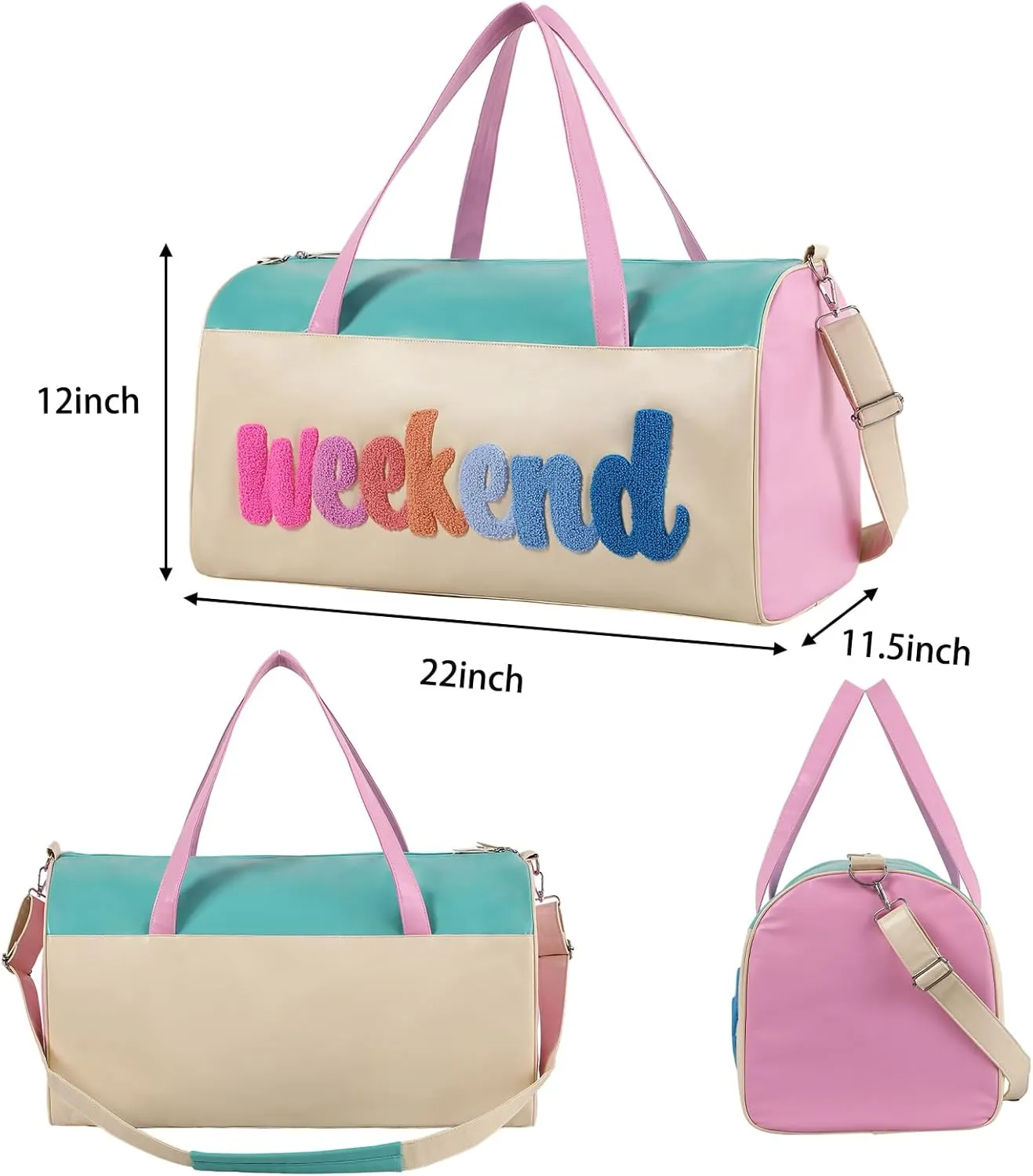 DYSHAYEN Chenille Letter Travel Duffle Bag Large PU Leather Weekender Overnight Bag for Women Carry on Bags Travel Tote（Weekender）