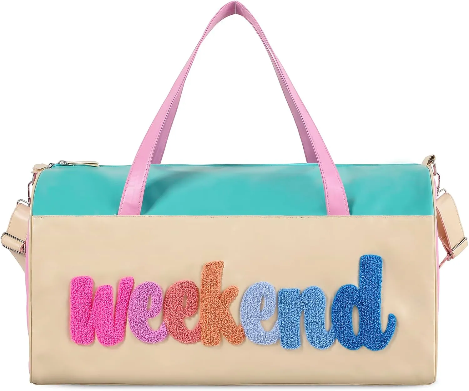 DYSHAYEN Chenille Letter Travel Duffle Bag Large PU Leather Weekender Overnight Bag for Women Carry on Bags Travel Tote（Weekender）