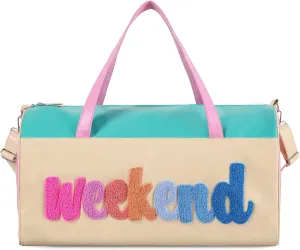 DYSHAYEN Chenille Letter Travel Duffle Bag Large PU Leather Weekender Overnight Bag for Women Carry on Bags Travel Tote（Weekender）