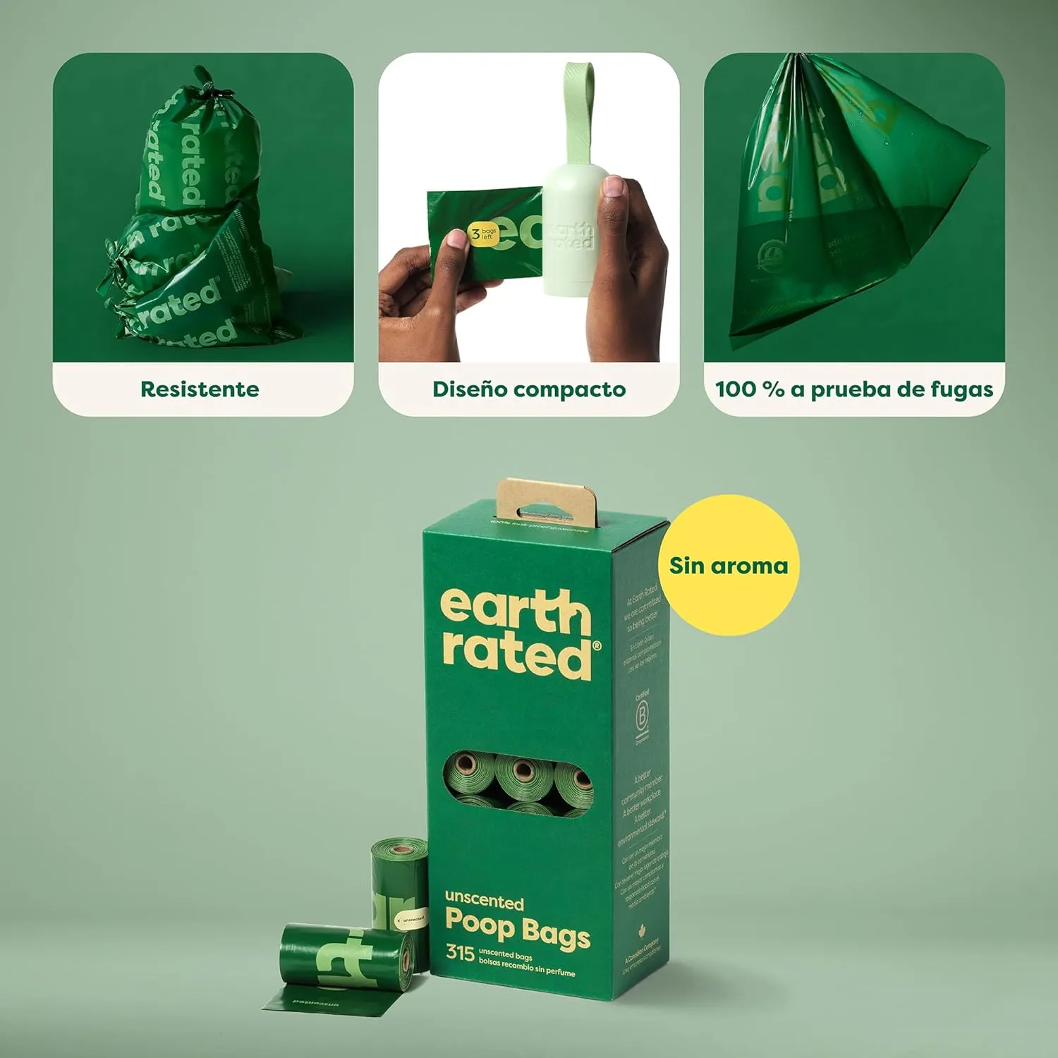 Earth Rated Dog Poop Bags, Guaranteed Leakproof and Extra Thick Waste Bag Single Refill Rolls for Dogs, Unscented, 315 Count