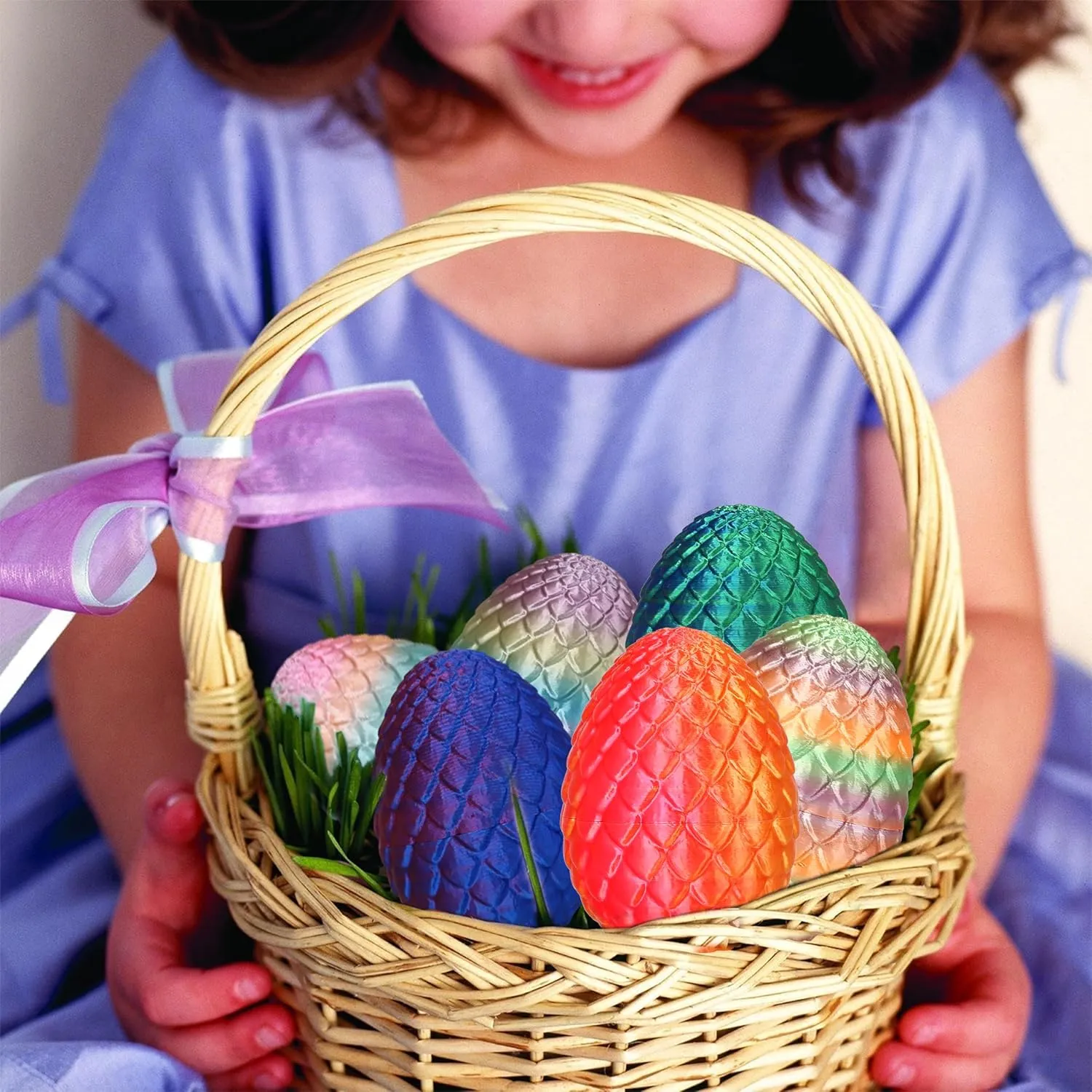 Easter 3D Printed Dragon Egg with Flying Dragon Inside Fidget Gifts for Easter Basket Stuffers (Blue)