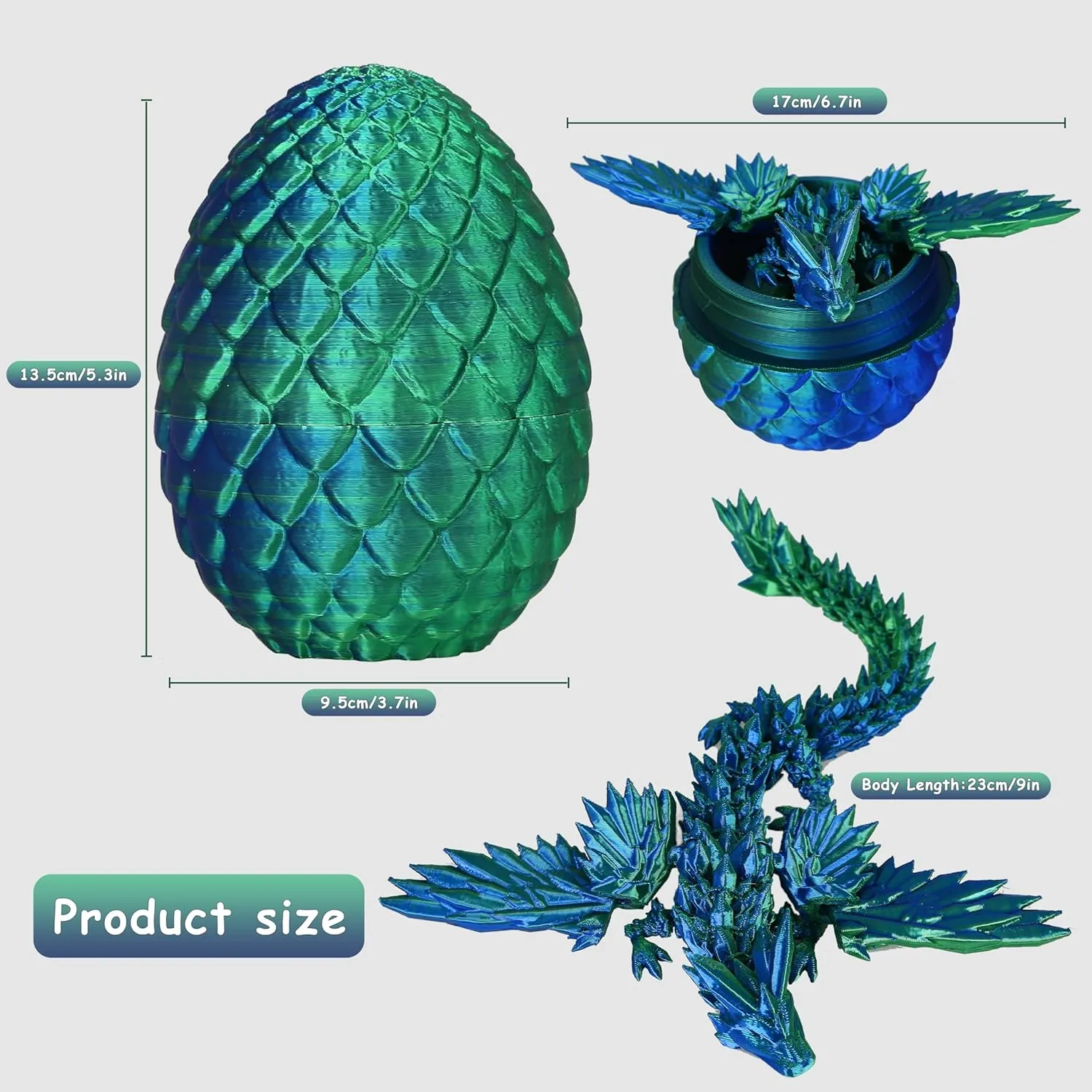 Easter 3D Printed Dragon Egg with Flying Dragon Inside Fidget Gifts for Easter Basket Stuffers (Blue)