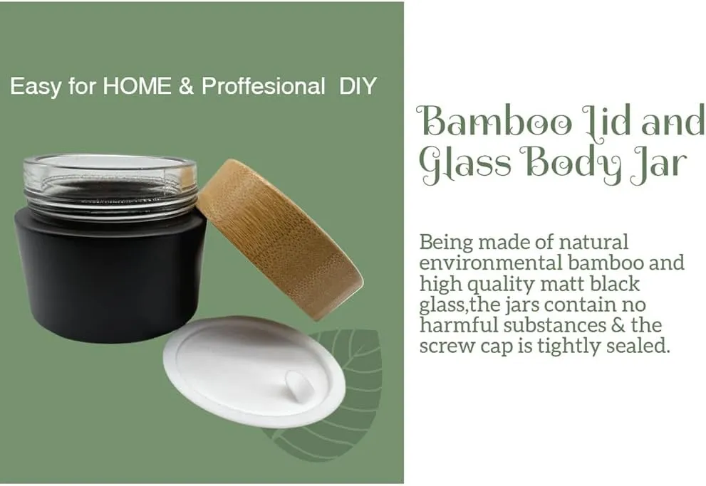 Empty Refillable Matt Black Glass Cosmetic Cream Jar 4 Pack 3.3 OZ/100g with Bamboo Lids,Skin Care Travel Frost Containers Pot for Clay Masks,Butter,Body Scrub,Lip Balm, Ointments, Lotion