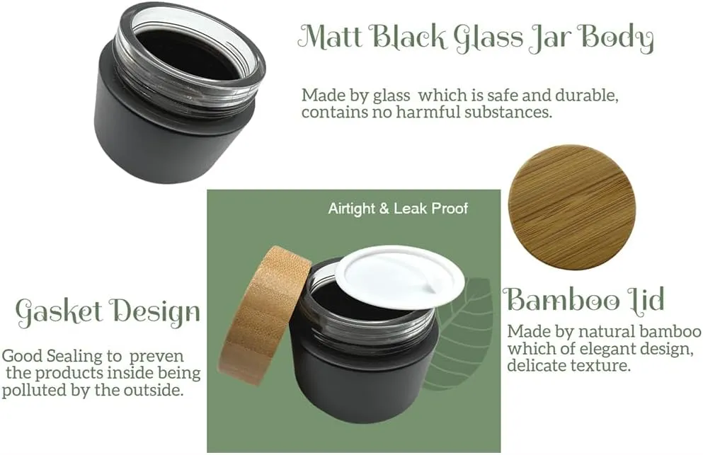 Empty Refillable Matt Black Glass Cosmetic Cream Jar 4 Pack 3.3 OZ/100g with Bamboo Lids,Skin Care Travel Frost Containers Pot for Clay Masks,Butter,Body Scrub,Lip Balm, Ointments, Lotion