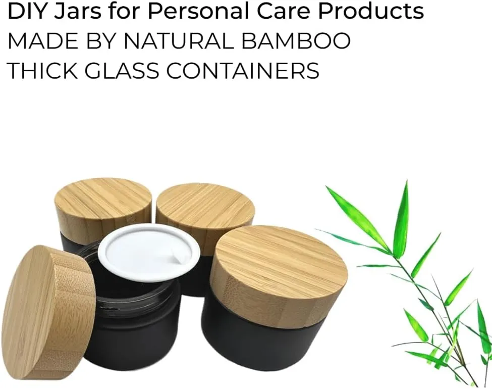 Empty Refillable Matt Black Glass Cosmetic Cream Jar 4 Pack 3.3 OZ/100g with Bamboo Lids,Skin Care Travel Frost Containers Pot for Clay Masks,Butter,Body Scrub,Lip Balm, Ointments, Lotion
