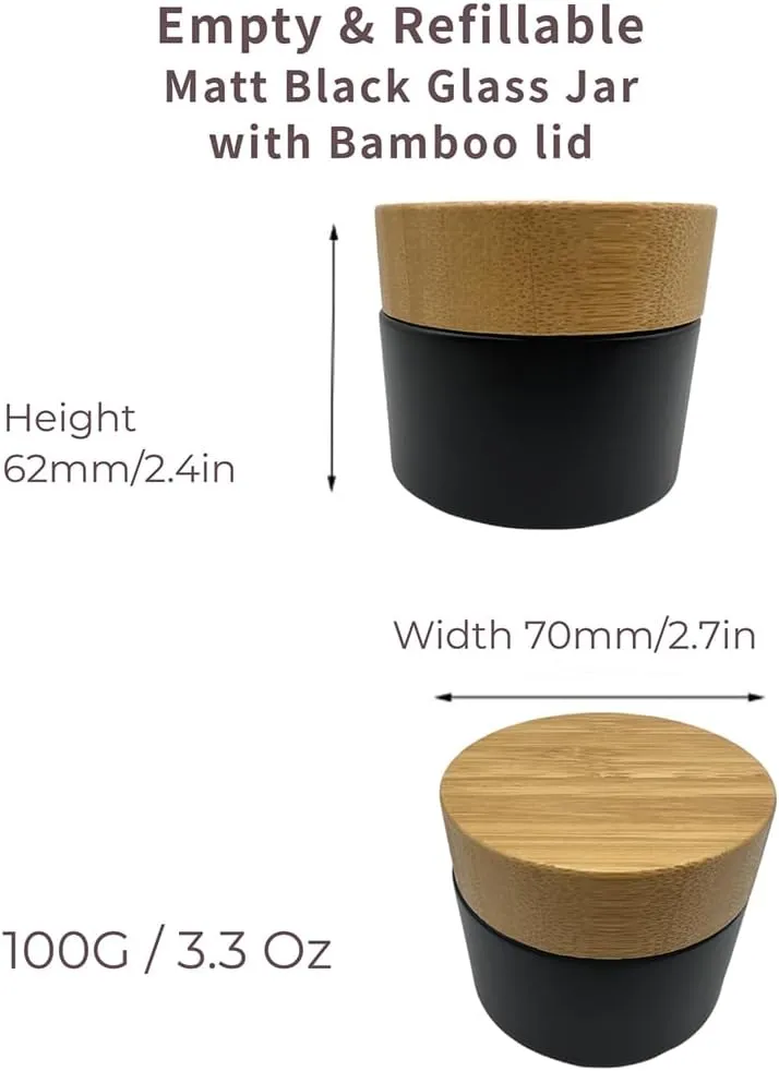 Empty Refillable Matt Black Glass Cosmetic Cream Jar 4 Pack 3.3 OZ/100g with Bamboo Lids,Skin Care Travel Frost Containers Pot for Clay Masks,Butter,Body Scrub,Lip Balm, Ointments, Lotion