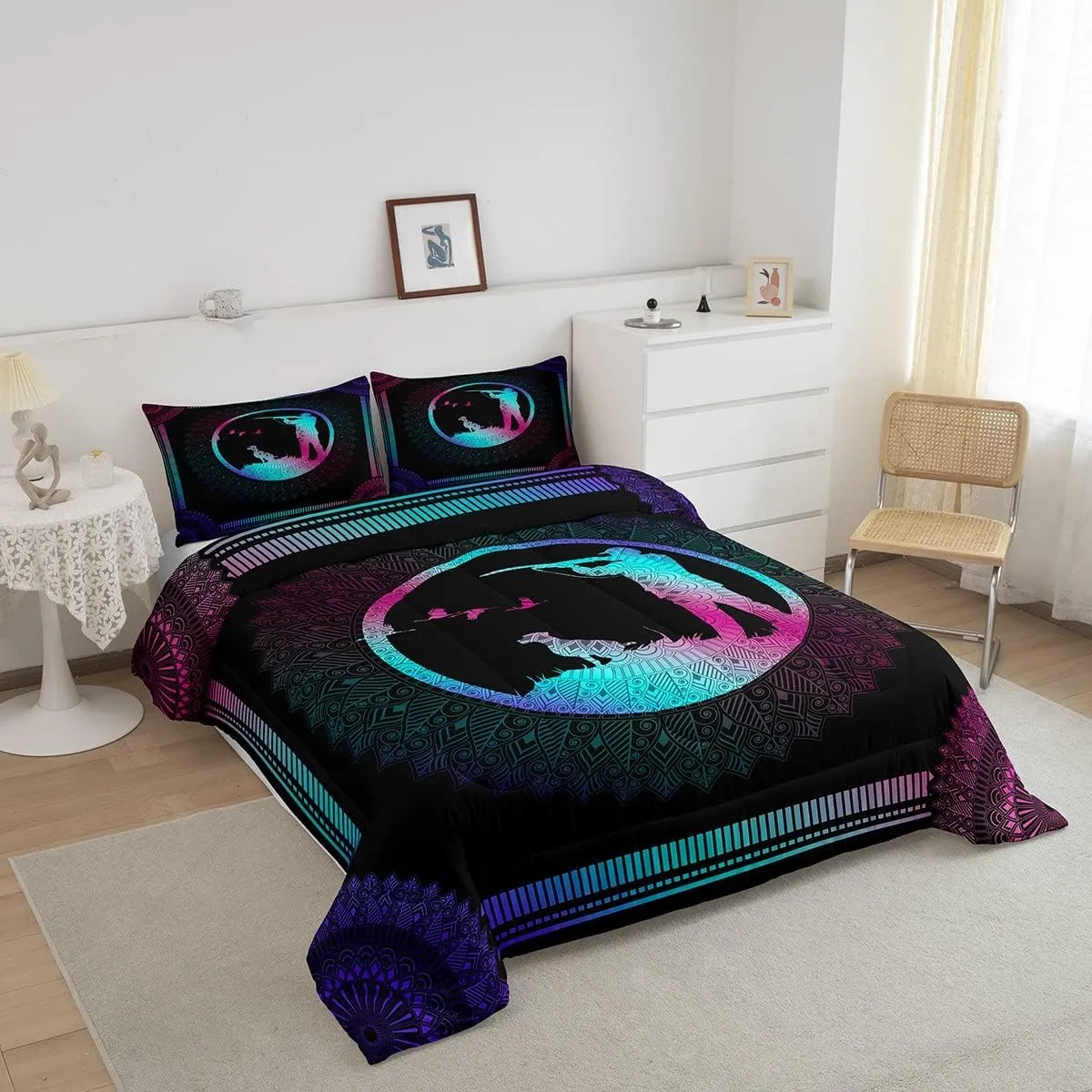 Erosebridal Duck Hunting Comforter Set Twin Size - Gradient Mandala Decor Quilt With Dog Hunter Theme - Wild Animal Mallard Duck Duvet Set - Rustic Farmhouse Exotic Style Bedding