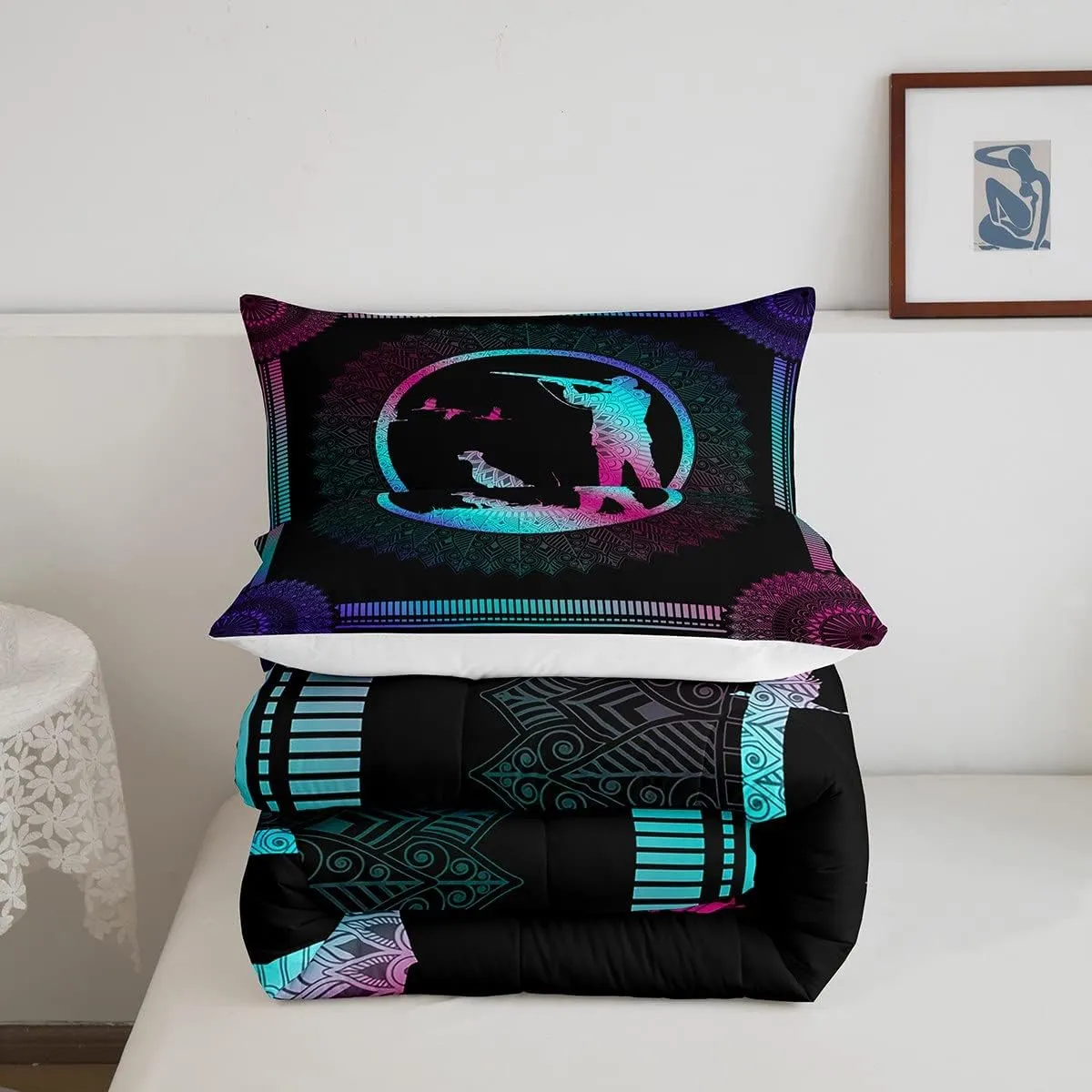 Erosebridal Duck Hunting Comforter Set Twin Size - Gradient Mandala Decor Quilt With Dog Hunter Theme - Wild Animal Mallard Duck Duvet Set - Rustic Farmhouse Exotic Style Bedding