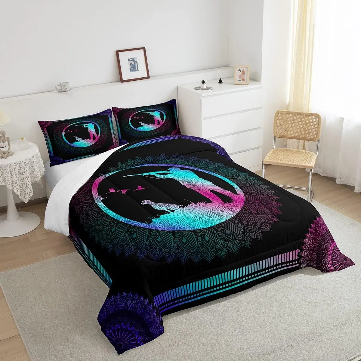 Erosebridal Duck Hunting Comforter Set Twin Size - Gradient Mandala Decor Quilt With Dog Hunter Theme - Wild Animal Mallard Duck Duvet Set - Rustic Farmhouse Exotic Style Bedding