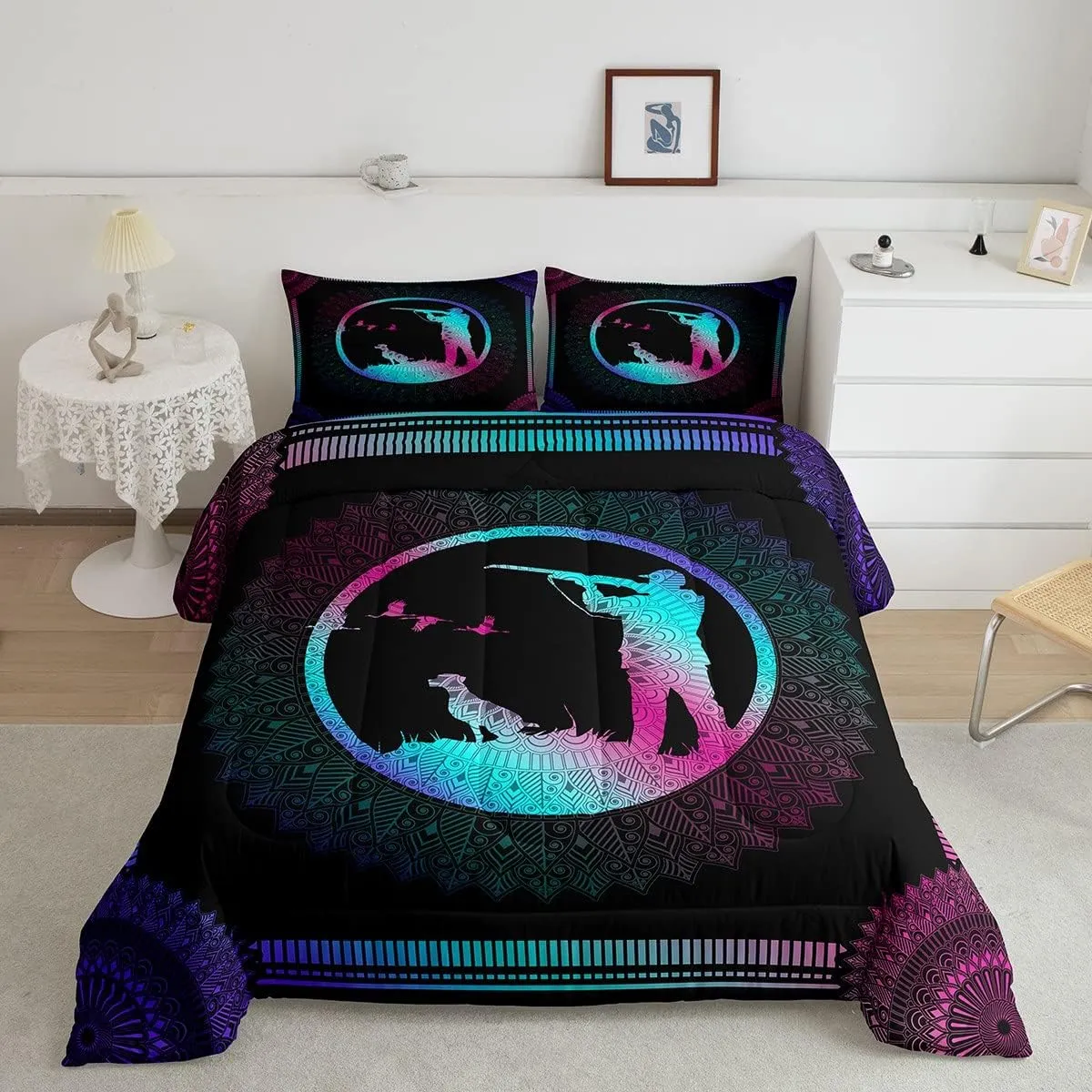 Erosebridal Duck Hunting Comforter Set Twin Size - Gradient Mandala Decor Quilt With Dog Hunter Theme - Wild Animal Mallard Duck Duvet Set - Rustic Farmhouse Exotic Style Bedding