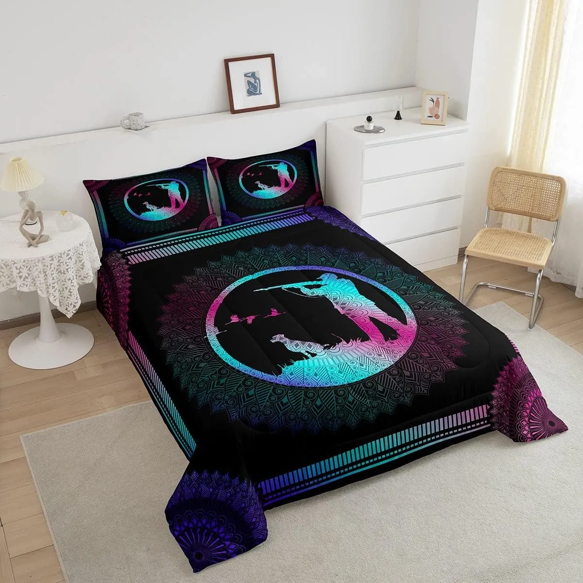 Erosebridal Duck Hunting Comforter Set Twin Size - Gradient Mandala Decor Quilt With Dog Hunter Theme - Wild Animal Mallard Duck Duvet Set - Rustic Farmhouse Exotic Style Bedding