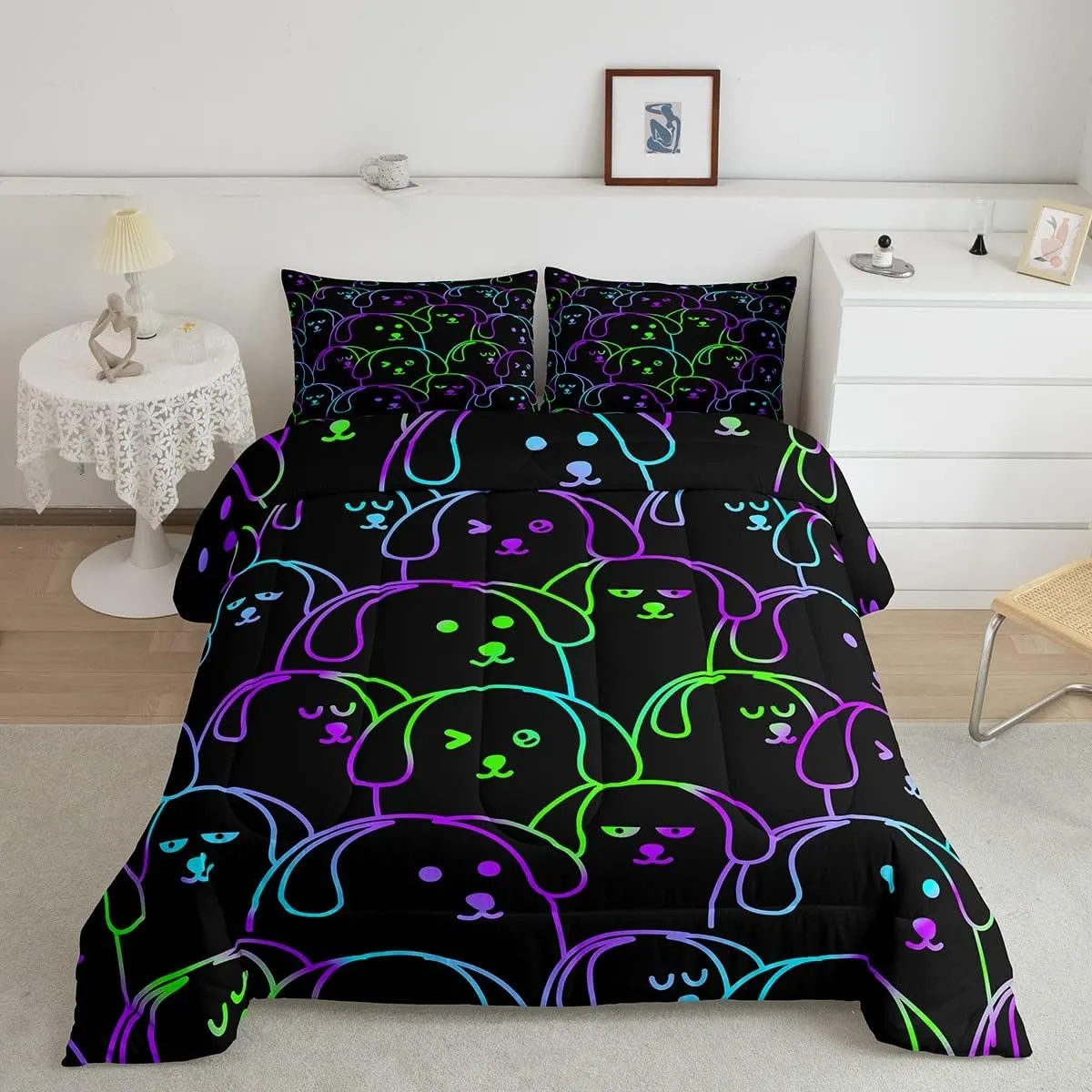 Erosebridal Kids Puppy Dog Comforter Set Twin Size, Neon Rainbow Dog Kawaii Bedding Set for Girls Boys, Cartoon Animal Print Bed Set, Green Purple Gradient Quilt Cute Bedroom Decor, 1 Pillowcase