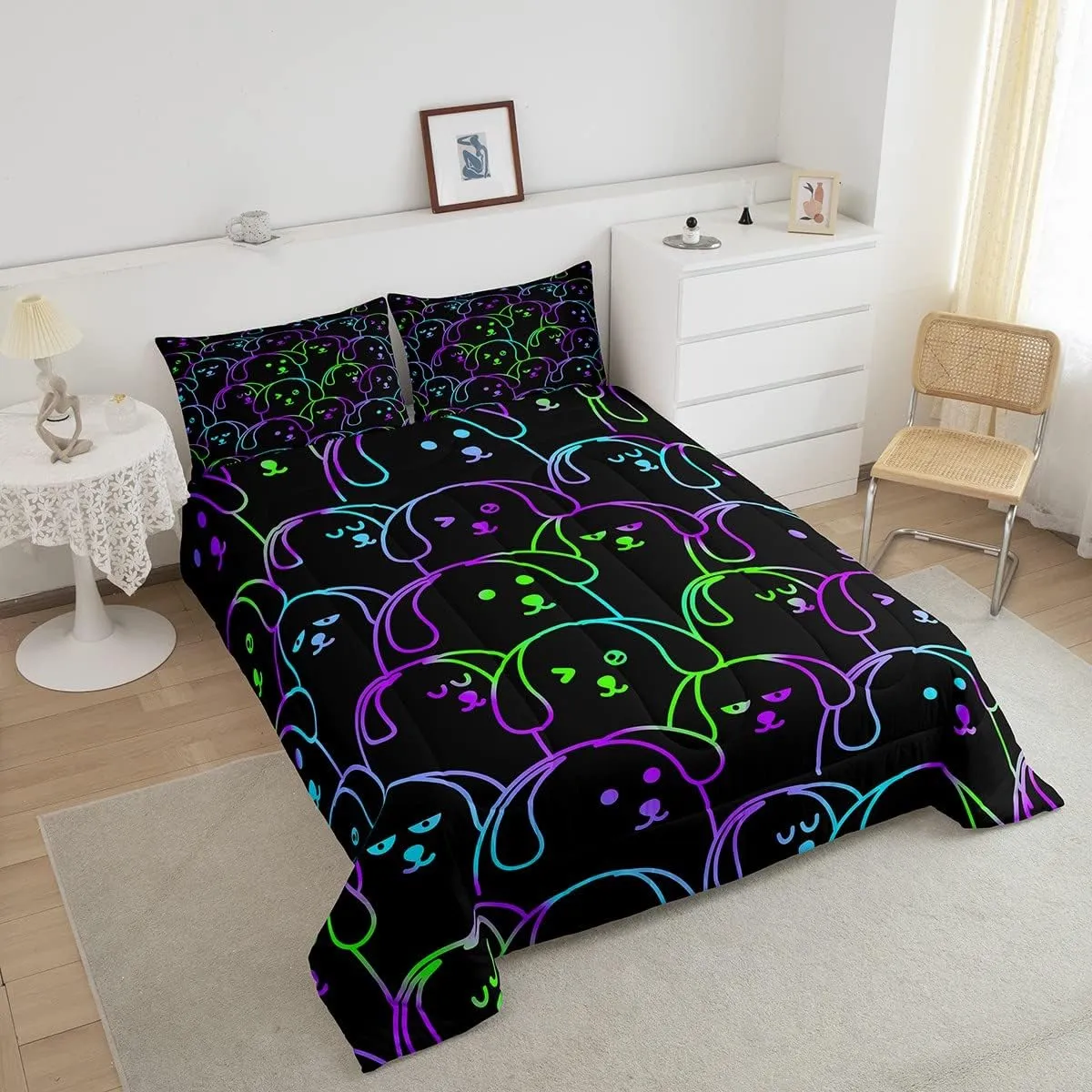 Erosebridal Kids Puppy Dog Comforter Set Twin Size, Neon Rainbow Dog Kawaii Bedding Set for Girls Boys, Cartoon Animal Print Bed Set, Green Purple Gradient Quilt Cute Bedroom Decor, 1 Pillowcase