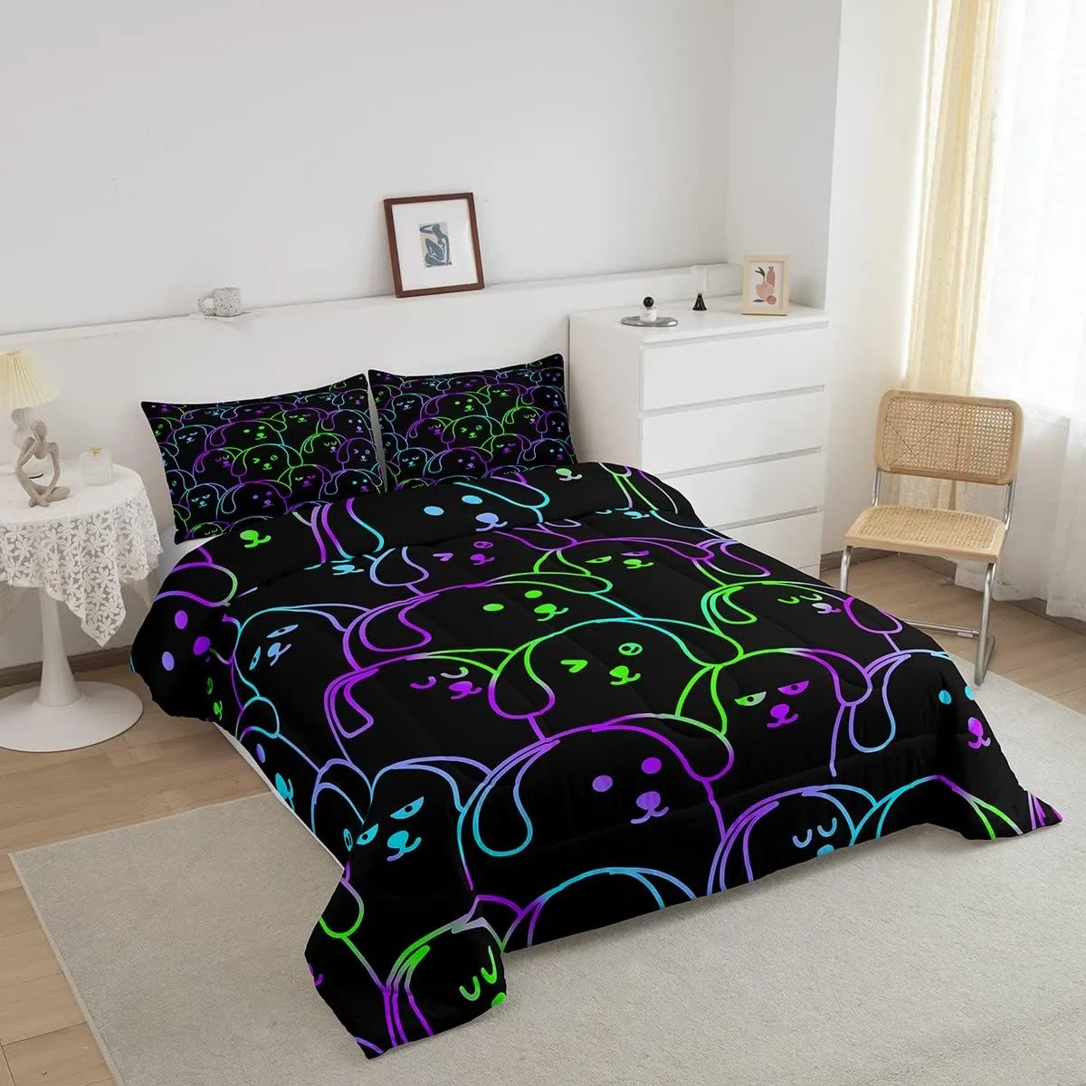 Erosebridal Kids Puppy Dog Comforter Set Twin Size, Neon Rainbow Dog Kawaii Bedding Set for Girls Boys, Cartoon Animal Print Bed Set, Green Purple Gradient Quilt Cute Bedroom Decor, 1 Pillowcase