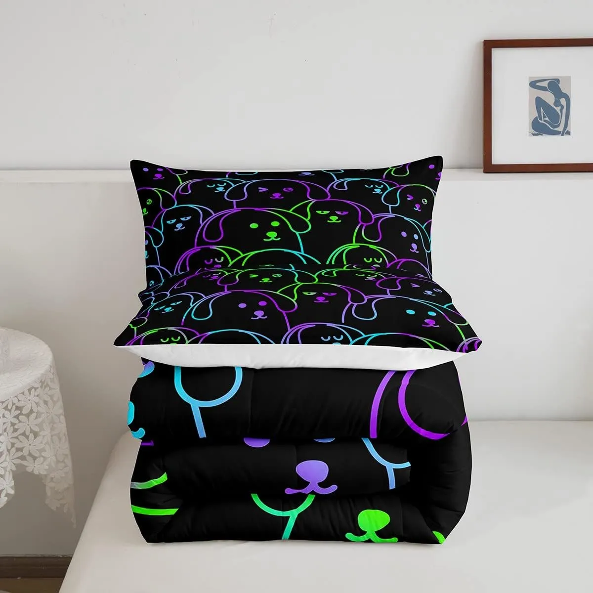 Erosebridal Kids Puppy Dog Comforter Set Twin Size, Neon Rainbow Dog Kawaii Bedding Set for Girls Boys, Cartoon Animal Print Bed Set, Green Purple Gradient Quilt Cute Bedroom Decor, 1 Pillowcase