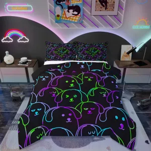 Erosebridal Kids Puppy Dog Comforter Set Twin Size, Neon Rainbow Dog Kawaii Bedding Set for Girls Boys, Cartoon Animal Print Bed Set, Green Purple Gradient Quilt Cute Bedroom Decor, 1 Pillowcase