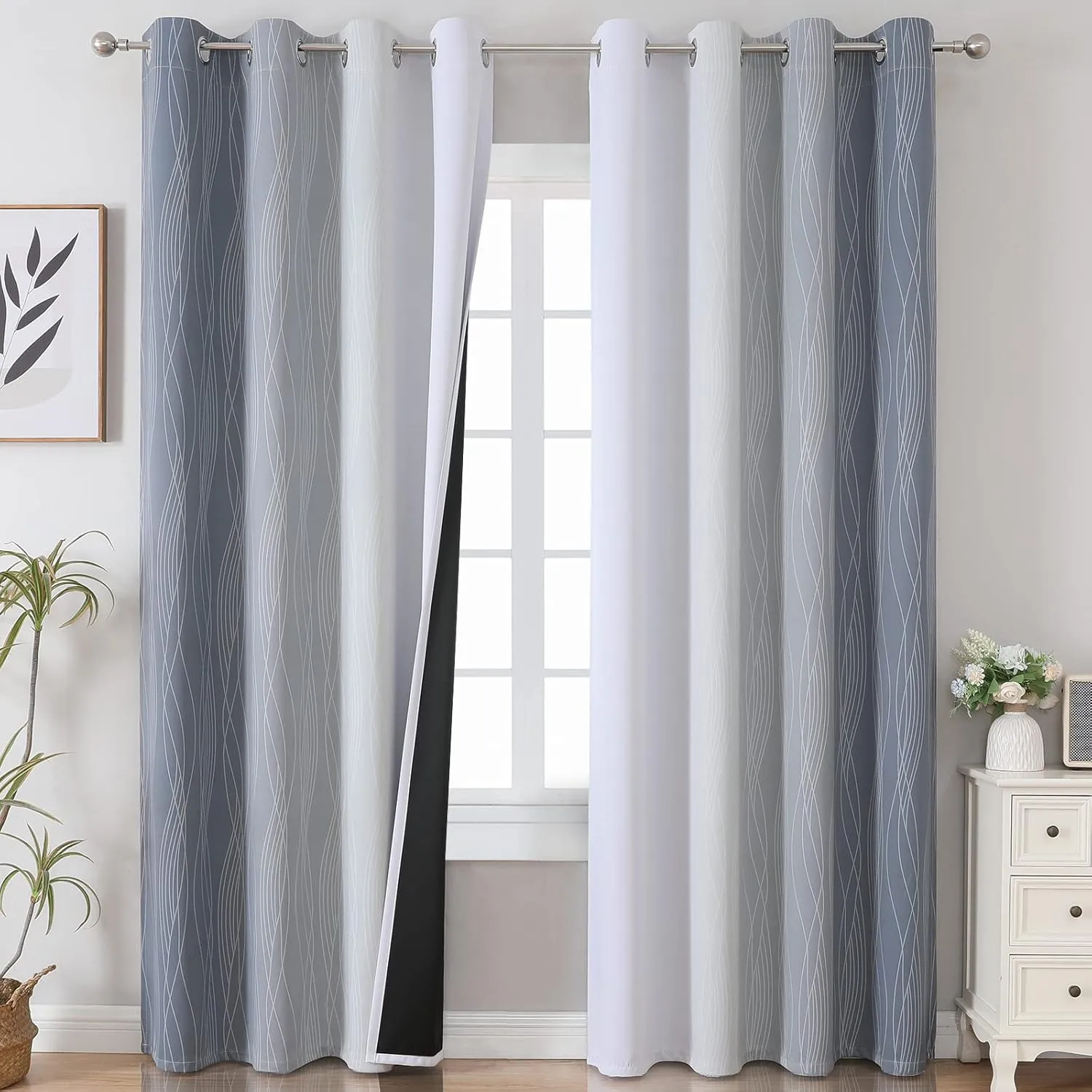 Estelar Textiler Grey and Greyish White Blackout Curtains & Drapes for Bedroom,Thermal Insulated Ombre Blackout Drapes,Full Room Darkening Energy Saving Gray Curtains for Living Room,52Wx84L,2 Panels