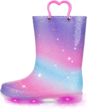 EUXTERPA Toddler Kids Waterproof Light Up Rain Boots Patterns and Glitter Boots with Handles for Girls, Purple Gradient, Big Kid Size 1