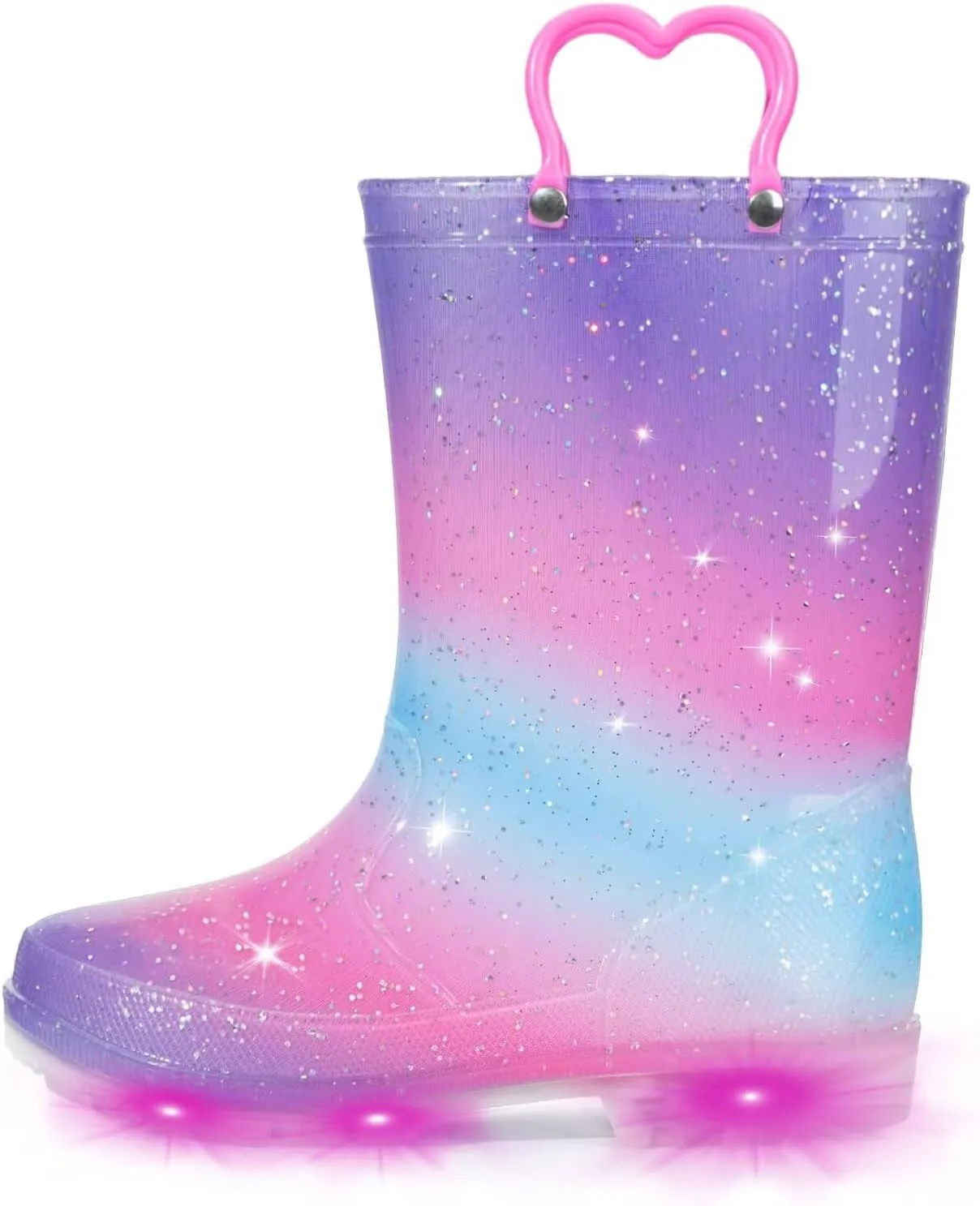EUXTERPA Toddler Kids Waterproof Light Up Rain Boots Patterns and Glitter Boots with Handles for Girls, Purple Gradient, Big Kid Size 1