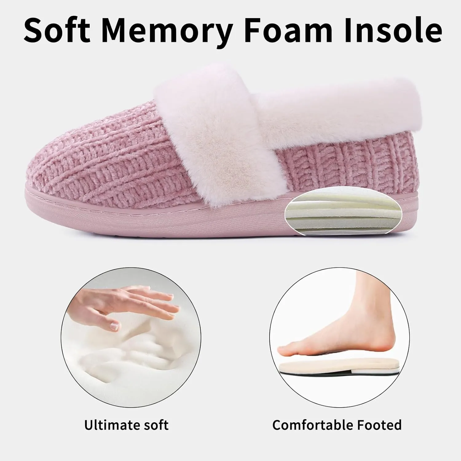 Evshine Women's Fuzzy Memory Foam Slippers, Closed Back Knit Bedroom Slippers, Slip-On Warm House Shoes for Indoor & Outdoor Comfort