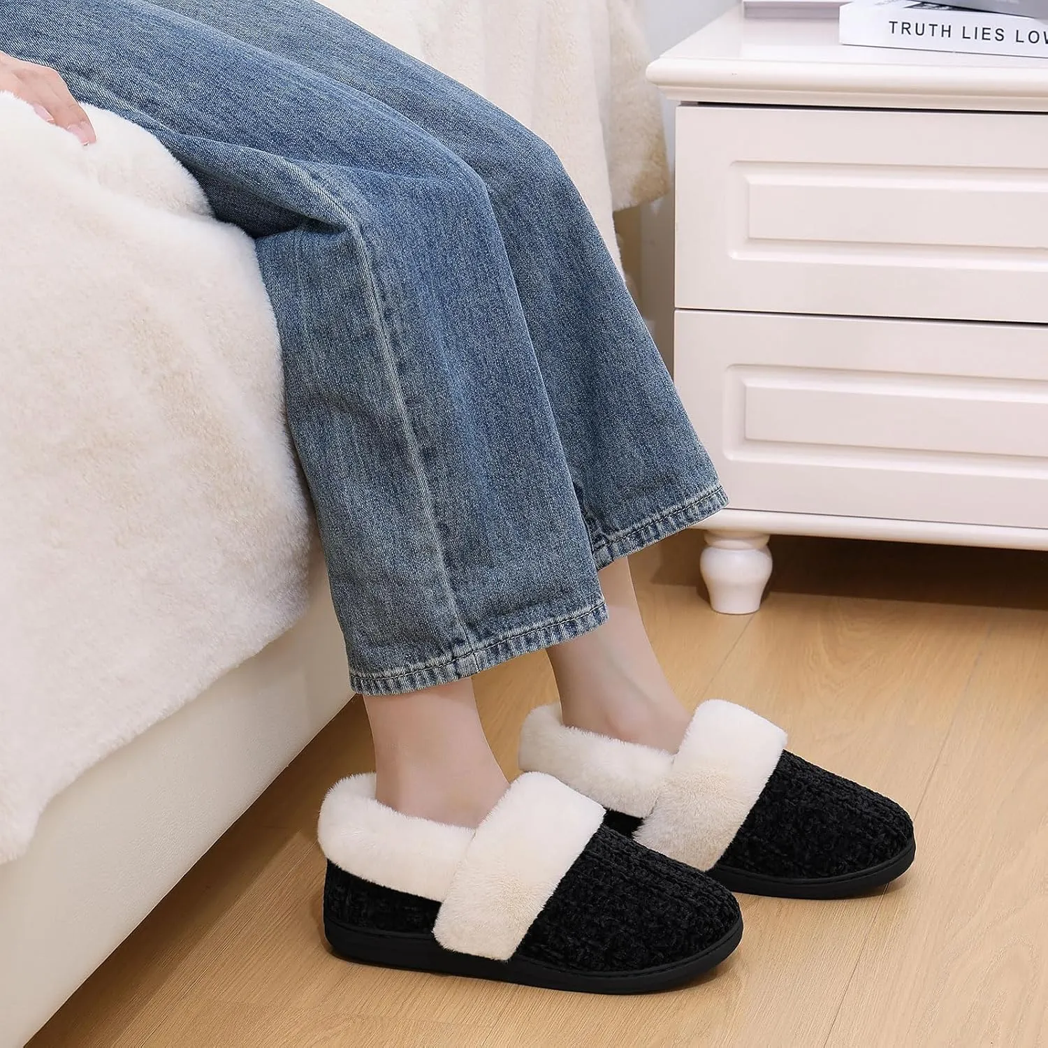 Evshine Women's Fuzzy Memory Foam Slippers, Closed Back Knit Bedroom Slippers, Slip-On Warm House Shoes for Indoor & Outdoor Comfort