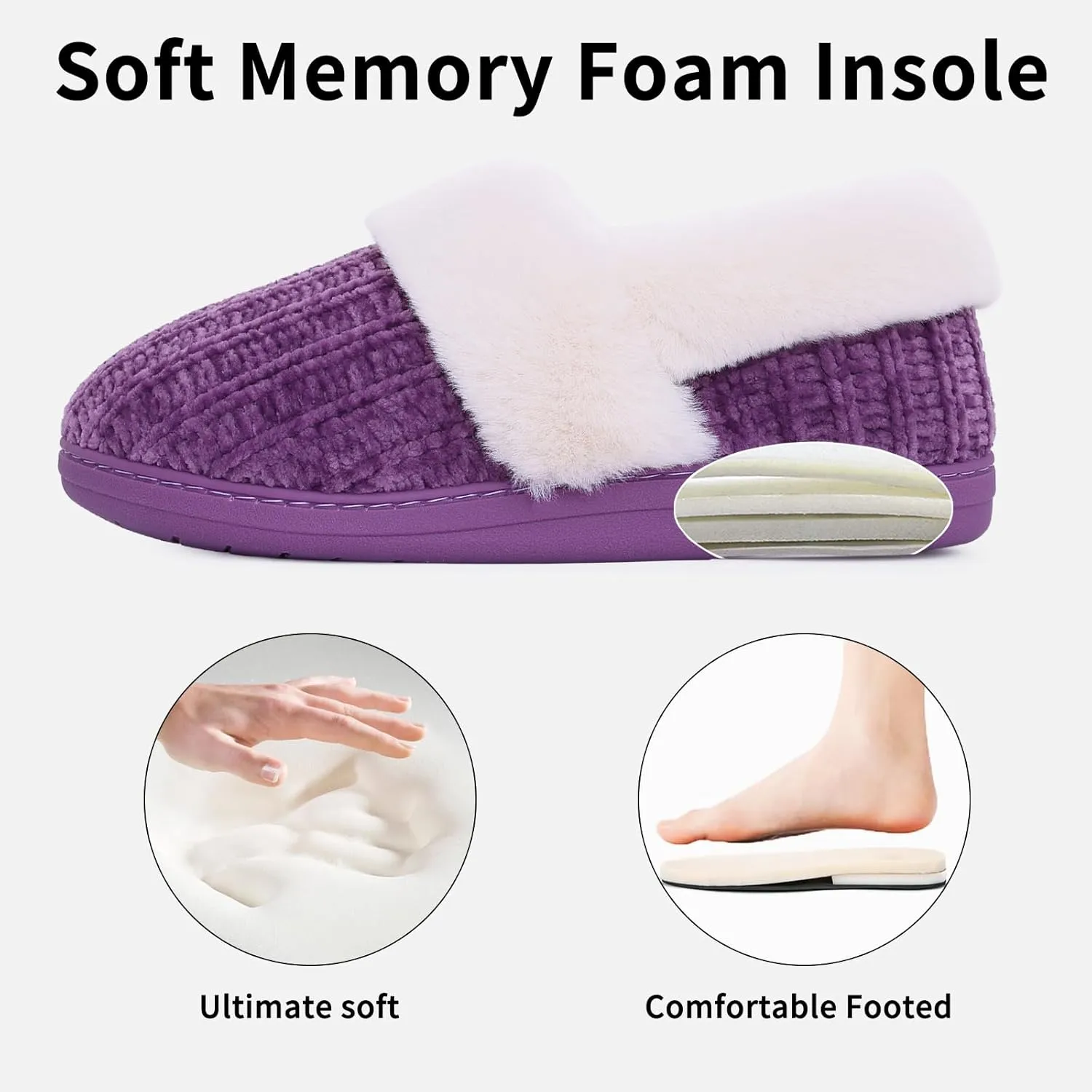 Evshine Women's Fuzzy Memory Foam Slippers, Closed Back Knit Bedroom Slippers, Slip-On Warm House Shoes for Indoor & Outdoor Comfort