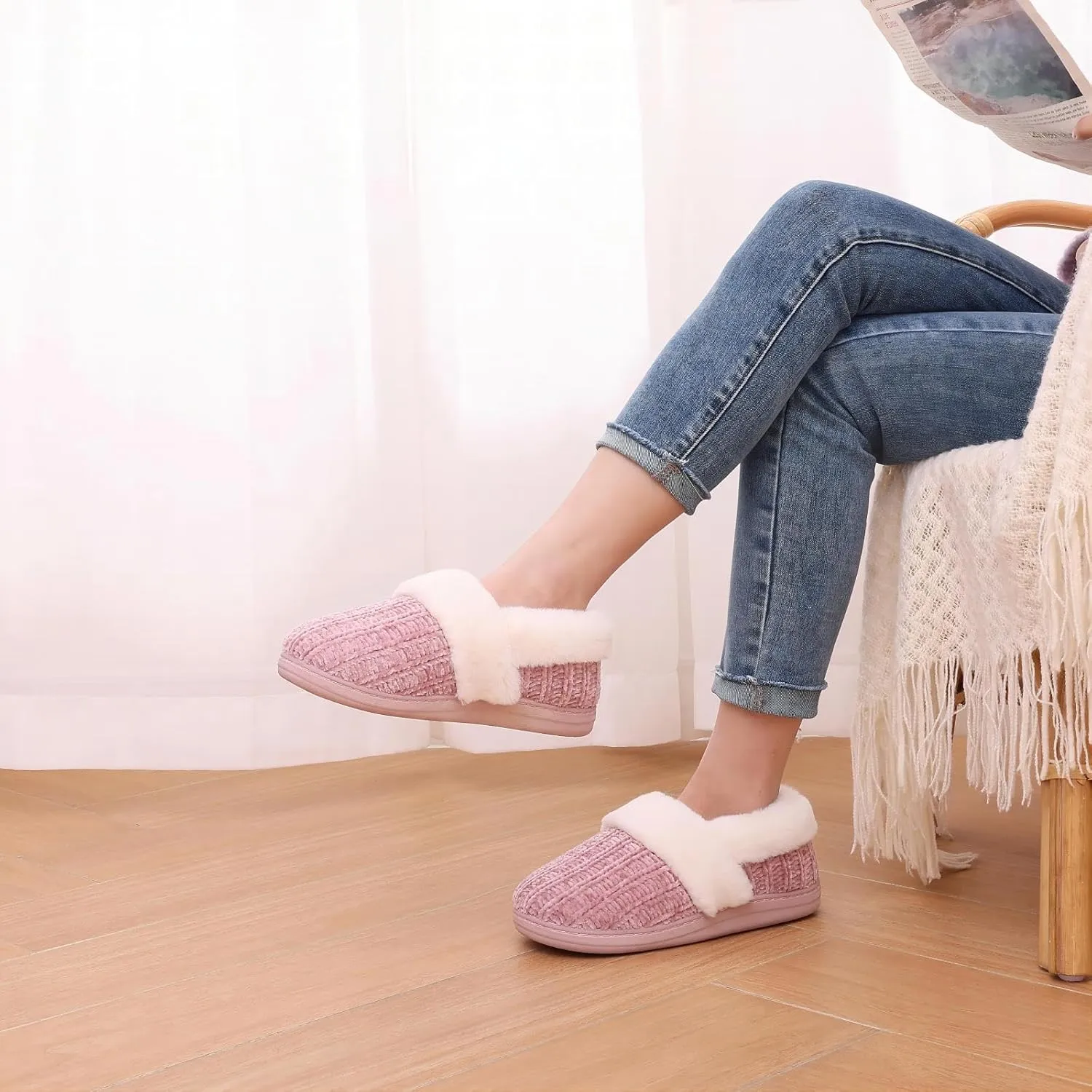Evshine Women's Fuzzy Memory Foam Slippers, Closed Back Knit Bedroom Slippers, Slip-On Warm House Shoes for Indoor & Outdoor Comfort