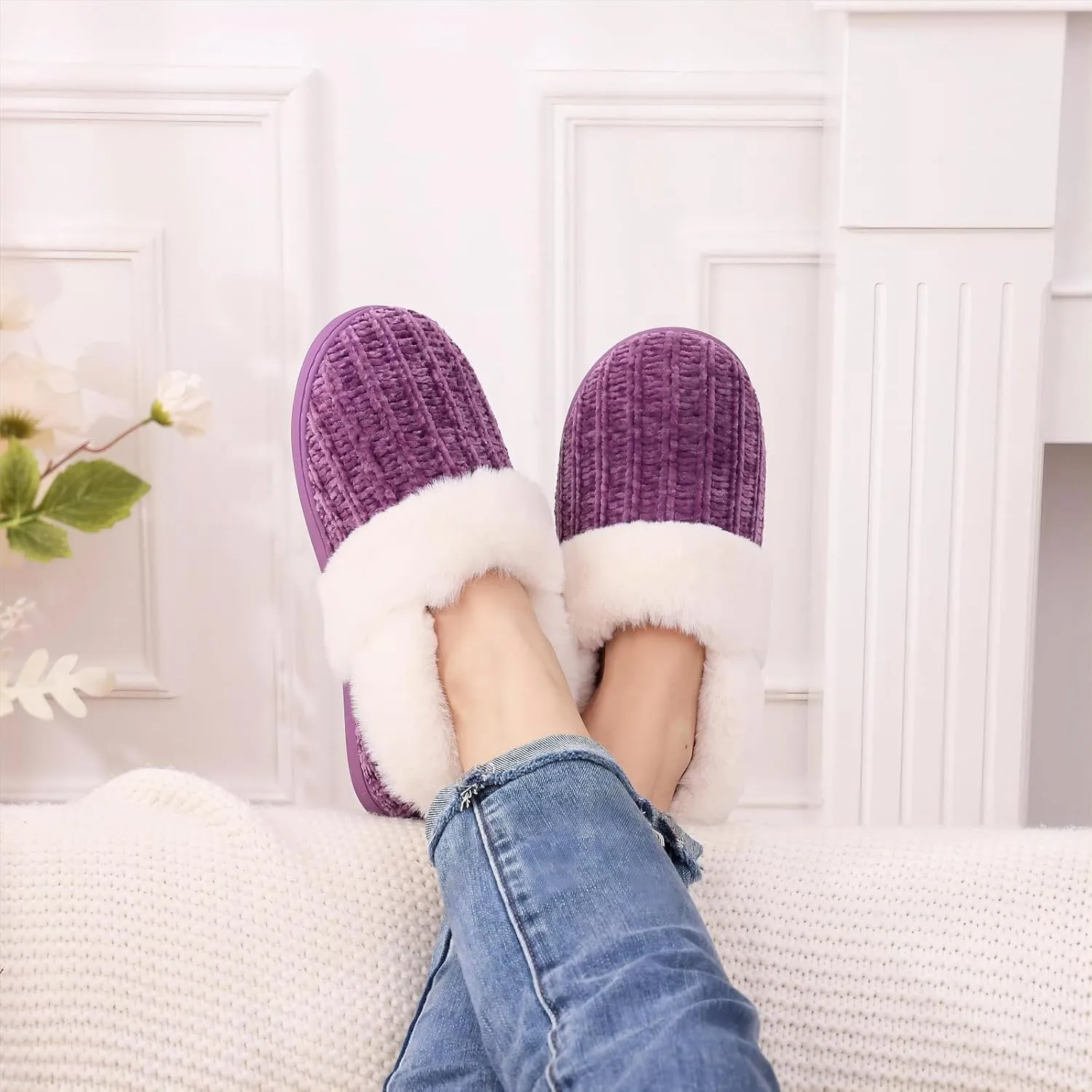 Evshine Women's Fuzzy Memory Foam Slippers, Closed Back Knit Bedroom Slippers, Slip-On Warm House Shoes for Indoor & Outdoor Comfort