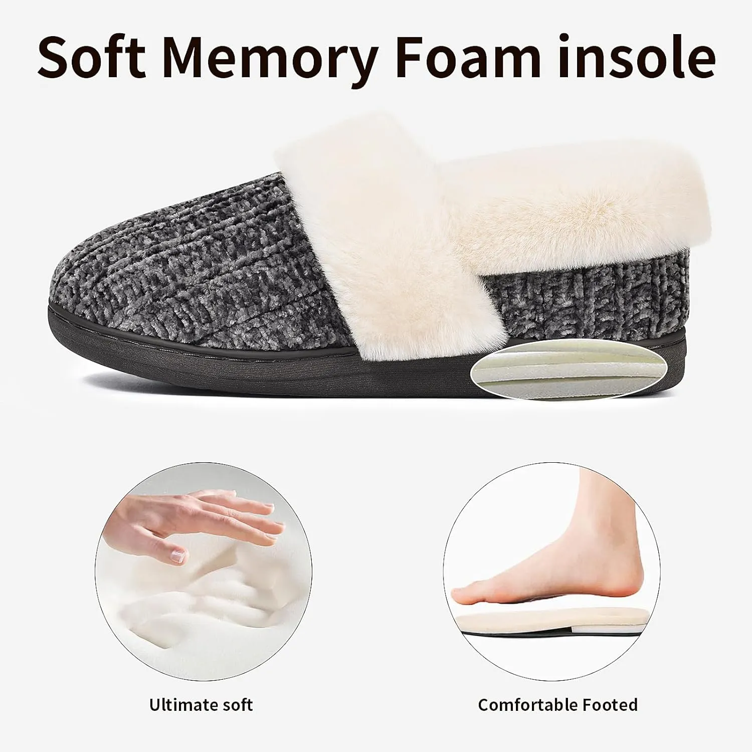 Evshine Women's Fuzzy Memory Foam Slippers, Closed Back Knit Bedroom Slippers, Slip-On Warm House Shoes for Indoor & Outdoor Comfort