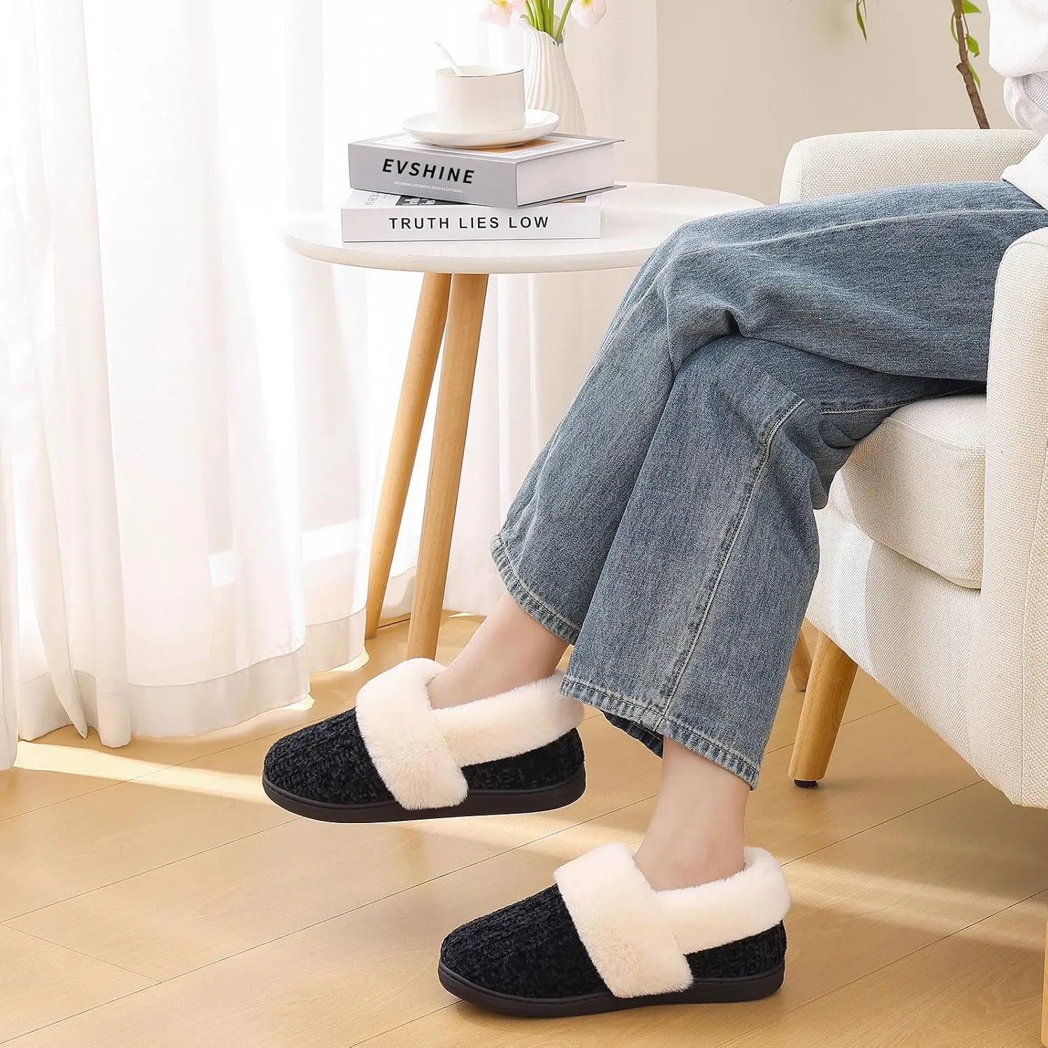 Evshine Women's Fuzzy Memory Foam Slippers, Closed Back Knit Bedroom Slippers, Slip-On Warm House Shoes for Indoor & Outdoor Comfort