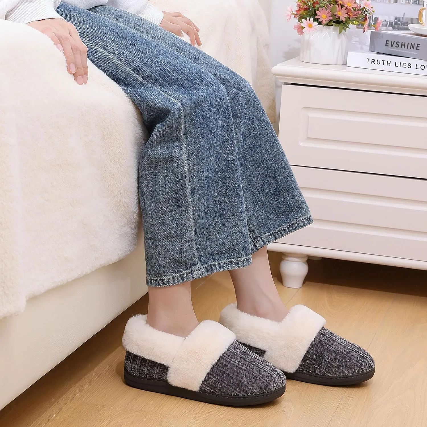 Evshine Women's Fuzzy Memory Foam Slippers, Closed Back Knit Bedroom Slippers, Slip-On Warm House Shoes for Indoor & Outdoor Comfort