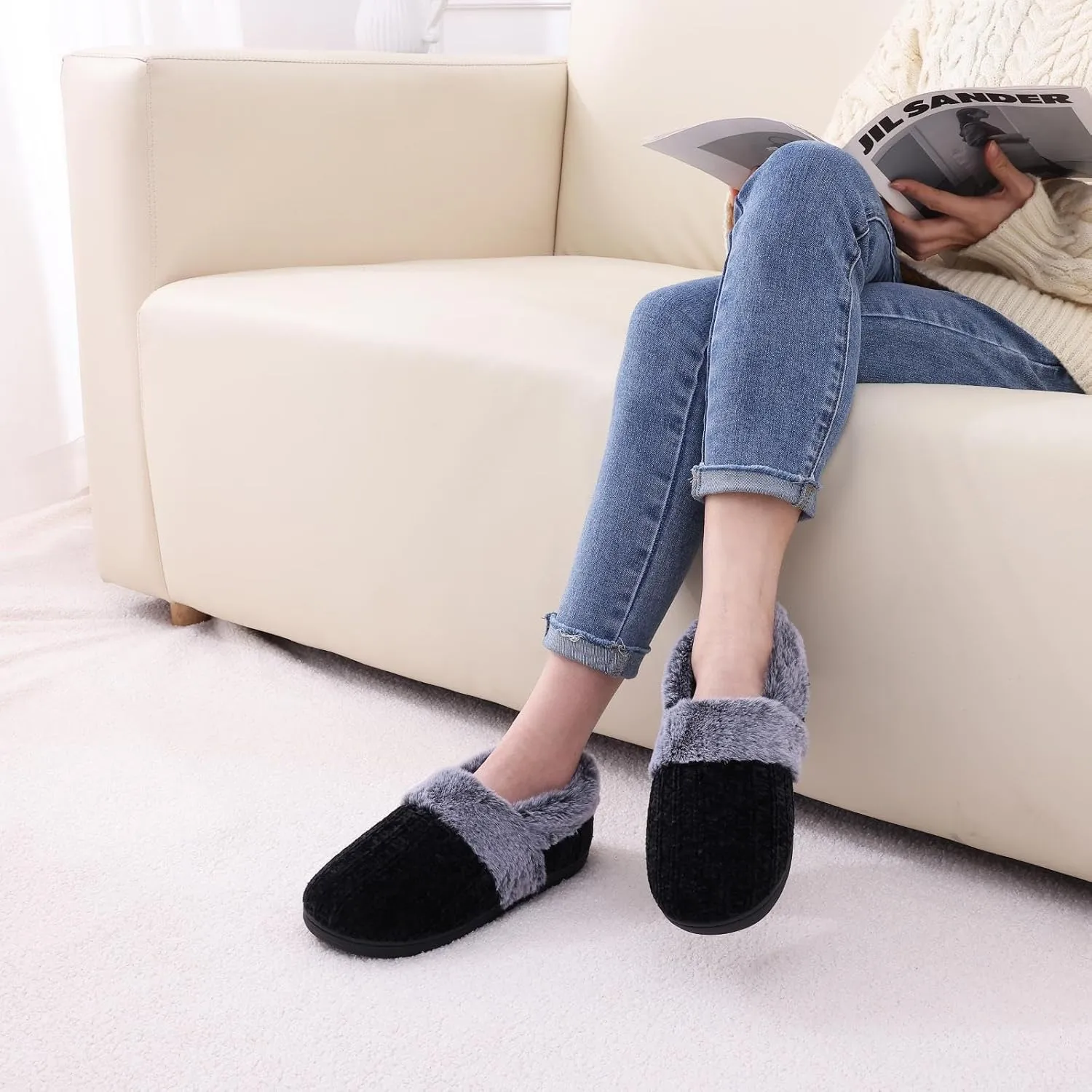 Evshine Women's Fuzzy Memory Foam Slippers, Closed Back Knit Bedroom Slippers, Slip-On Warm House Shoes for Indoor & Outdoor Comfort