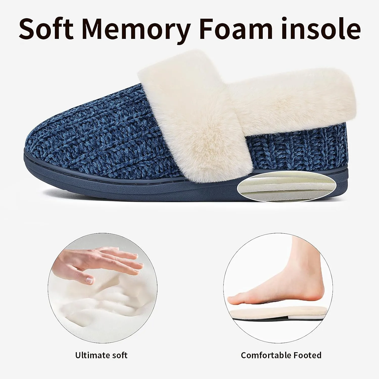 Evshine Women's Fuzzy Memory Foam Slippers, Closed Back Knit Bedroom Slippers, Slip-On Warm House Shoes for Indoor & Outdoor Comfort