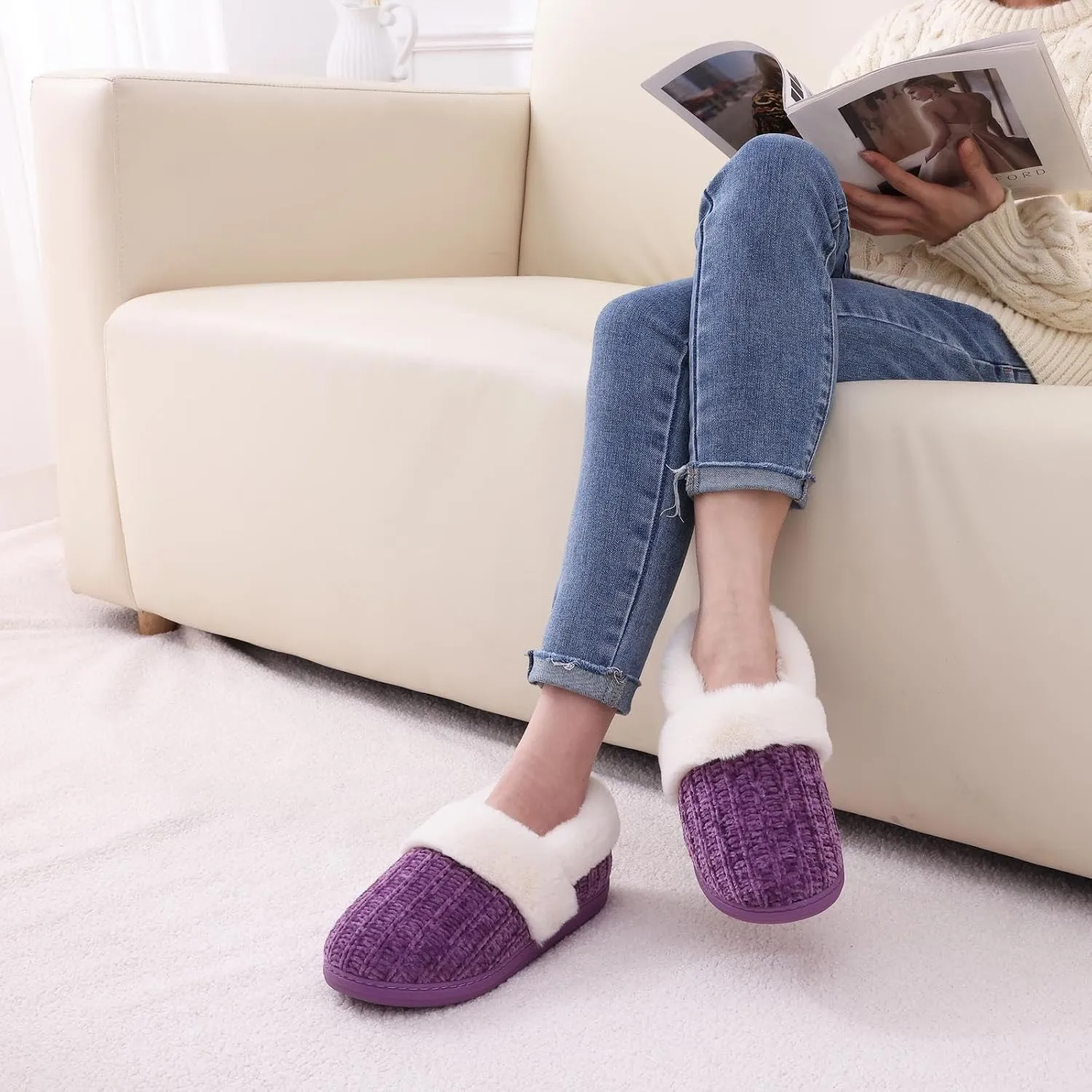 Evshine Women's Fuzzy Memory Foam Slippers, Closed Back Knit Bedroom Slippers, Slip-On Warm House Shoes for Indoor & Outdoor Comfort