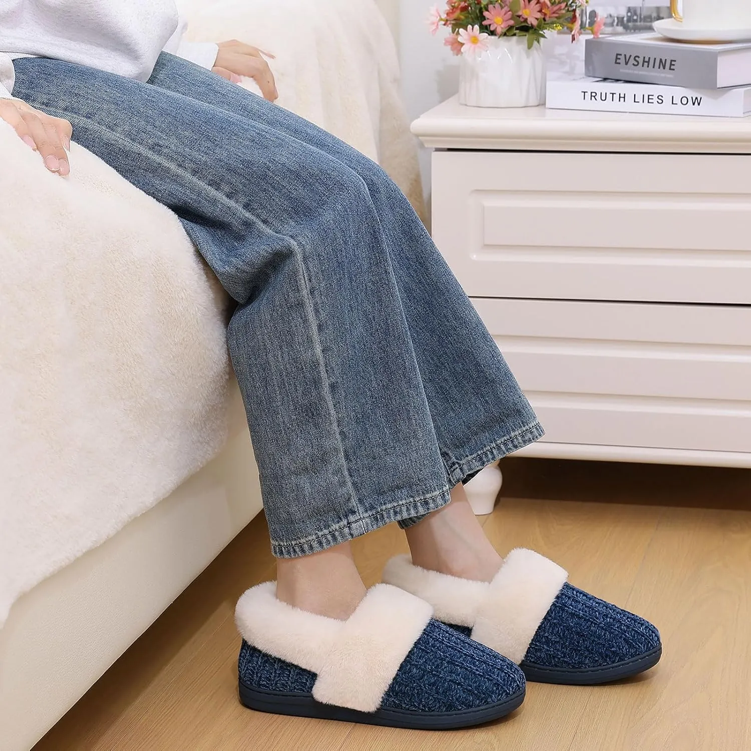 Evshine Women's Fuzzy Memory Foam Slippers, Closed Back Knit Bedroom Slippers, Slip-On Warm House Shoes for Indoor & Outdoor Comfort